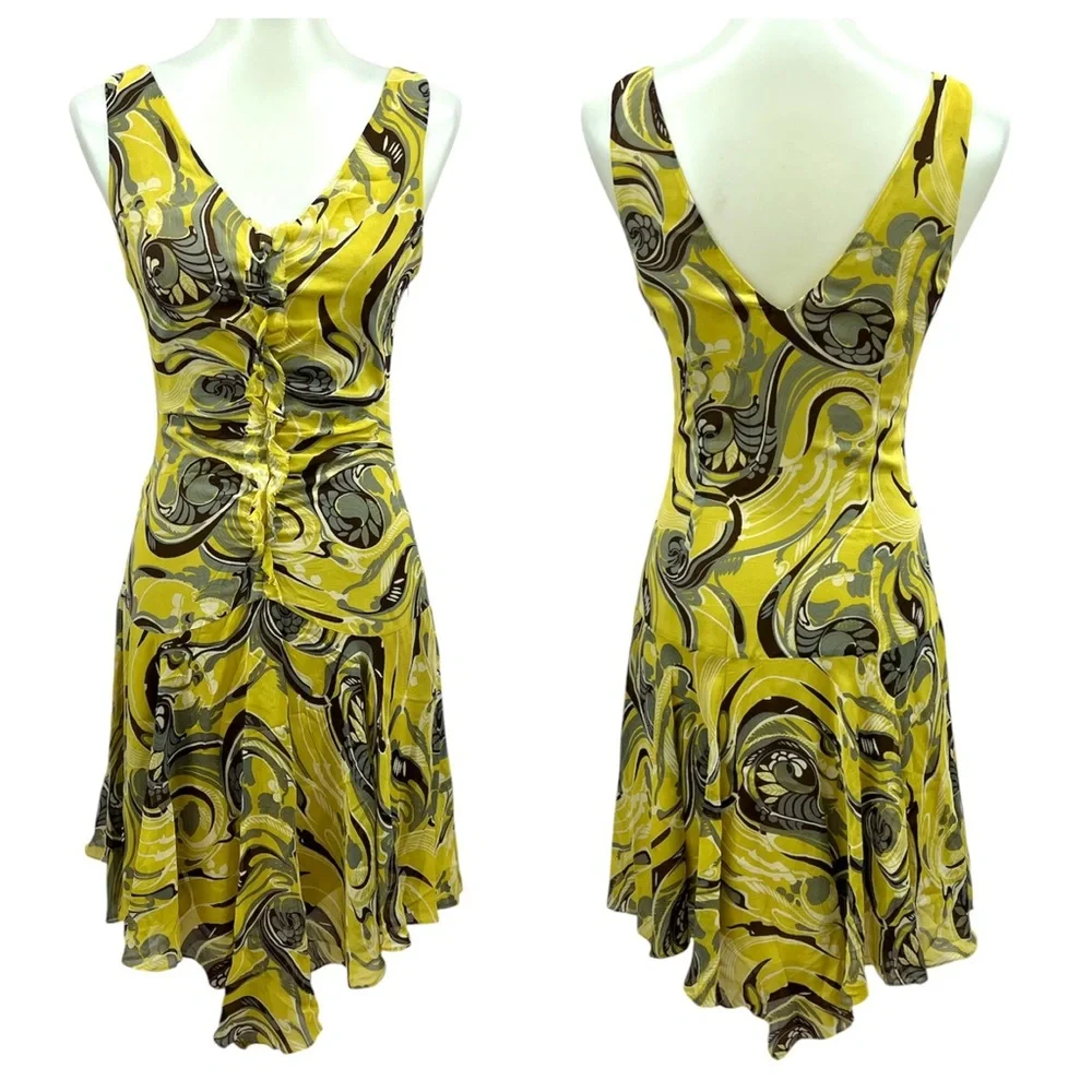 Vintage BCBG Maxazria Y2K Chartreuse Psychedelic Paisley Silk Art Deco Dress